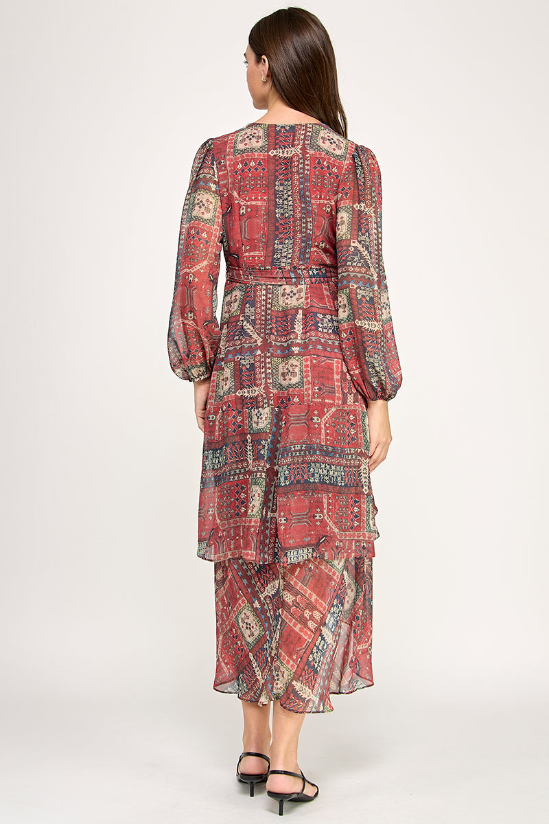 LONG SLEEVE PRINTED WRAP DRESS