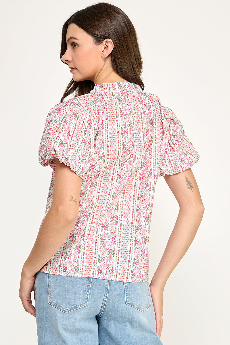 SPLIT NECK PUFF SLEEVE BLOUSE