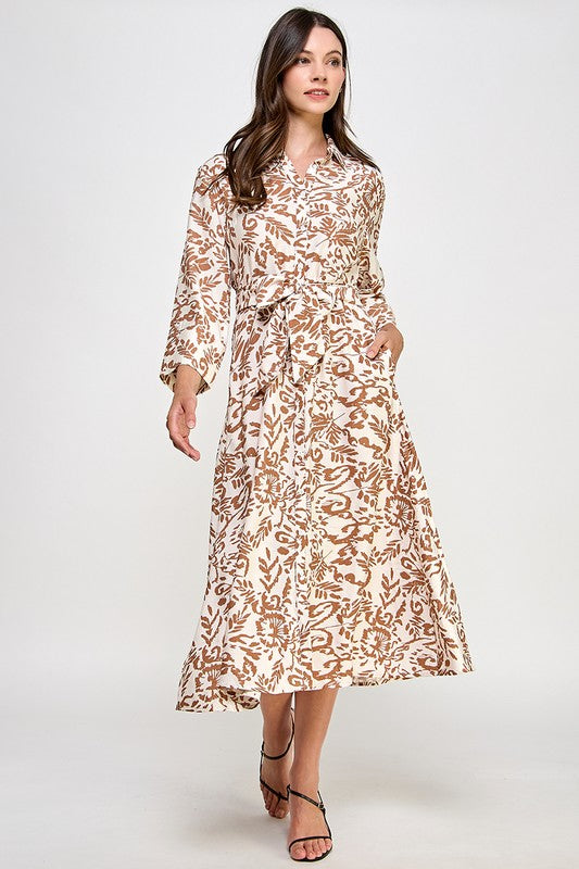 PRINTED SHIRT DRESS W/ SELF TIE