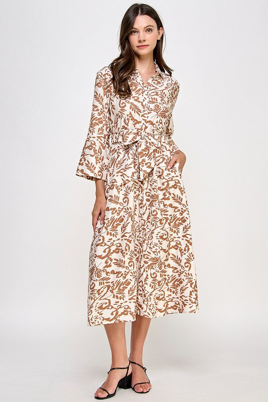 PRINTED SHIRT DRESS W/ SELF TIE