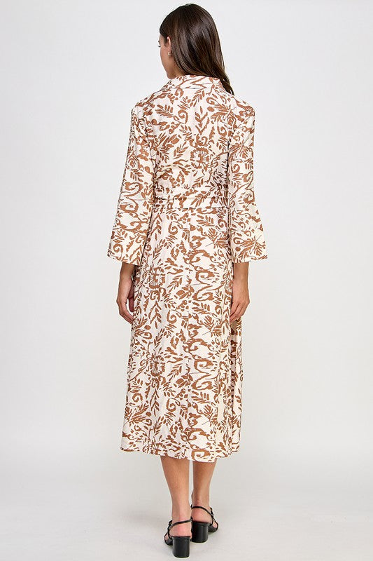 PRINTED SHIRT DRESS W/ SELF TIE