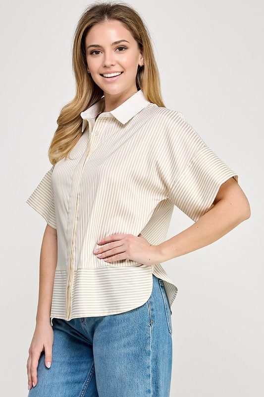 CONTRAST COLLAR STRIPE SHIRT
