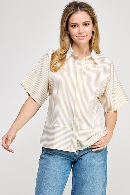 CONTRAST COLLAR STRIPE SHIRT