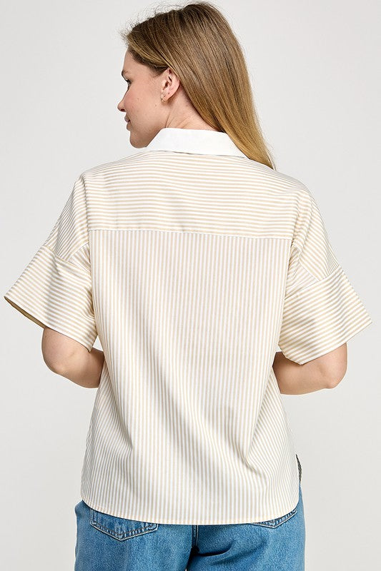 CONTRAST COLLAR STRIPE SHIRT