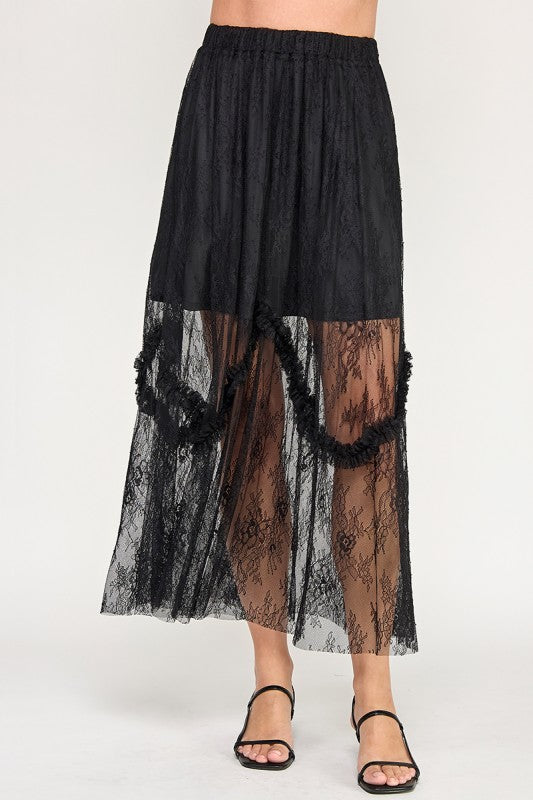 TIERED LACE MIDI SKIRT