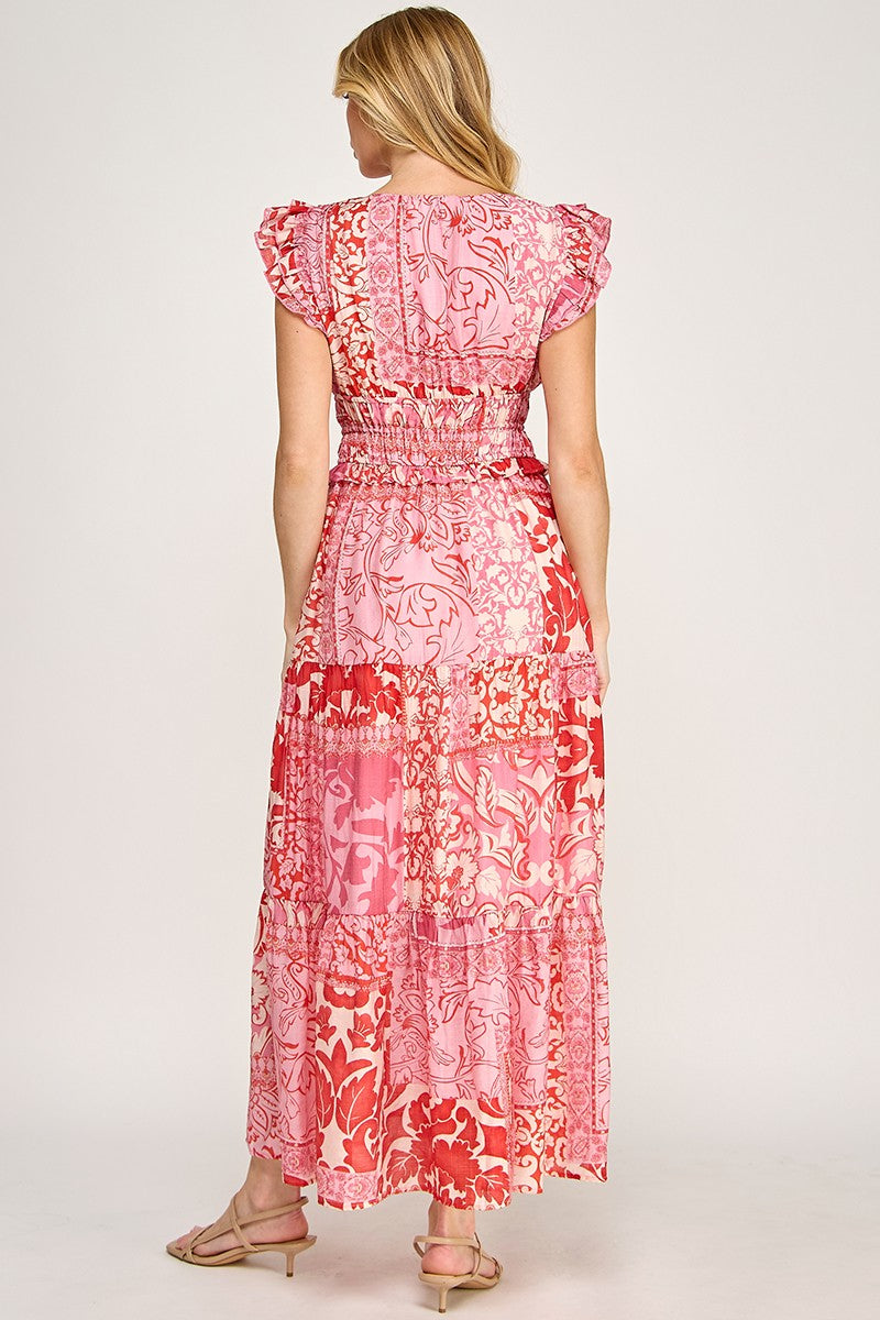 MULTI FLORAL CAP SLEEVE FLOWY DRESS
