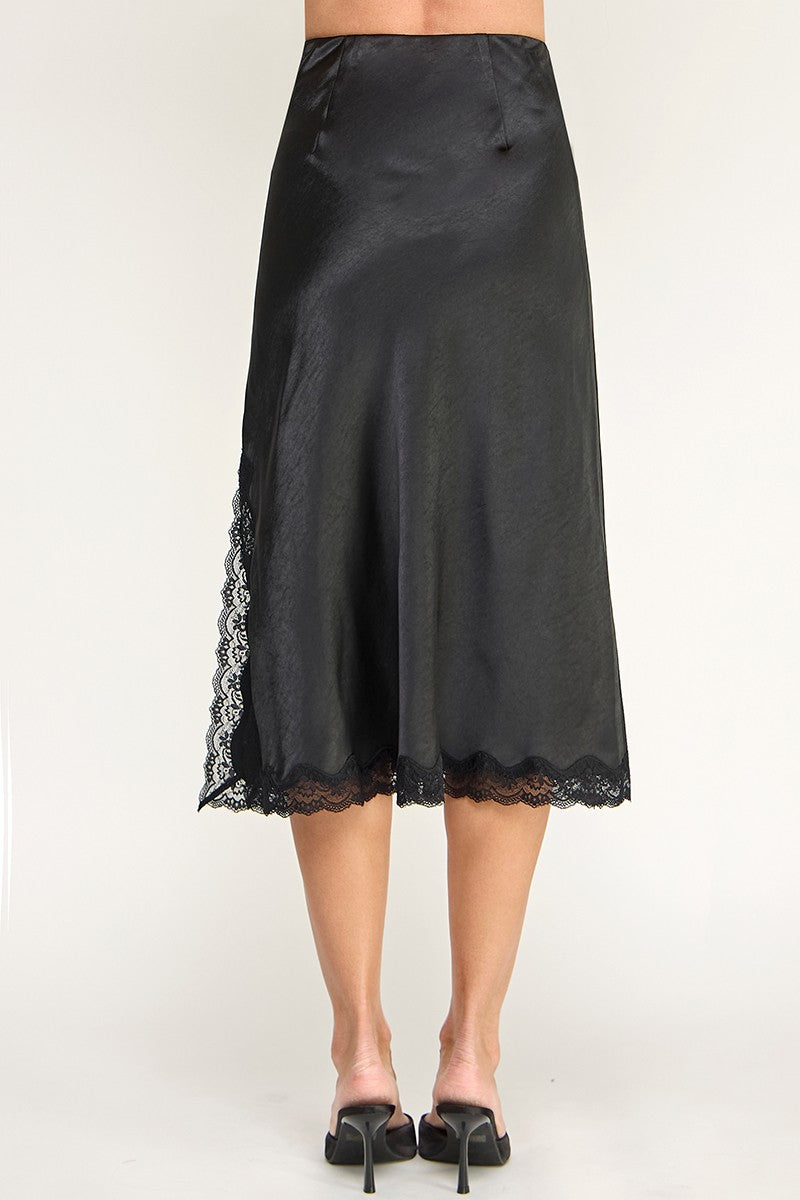SATIN MIDI SKIRT WITH LACE SIDE SLIT TRIM DETAIL