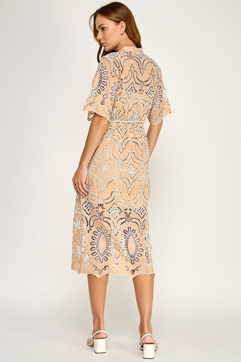 EYELET WHITE EMBOIDERED CUT OUT MIDI DRESS