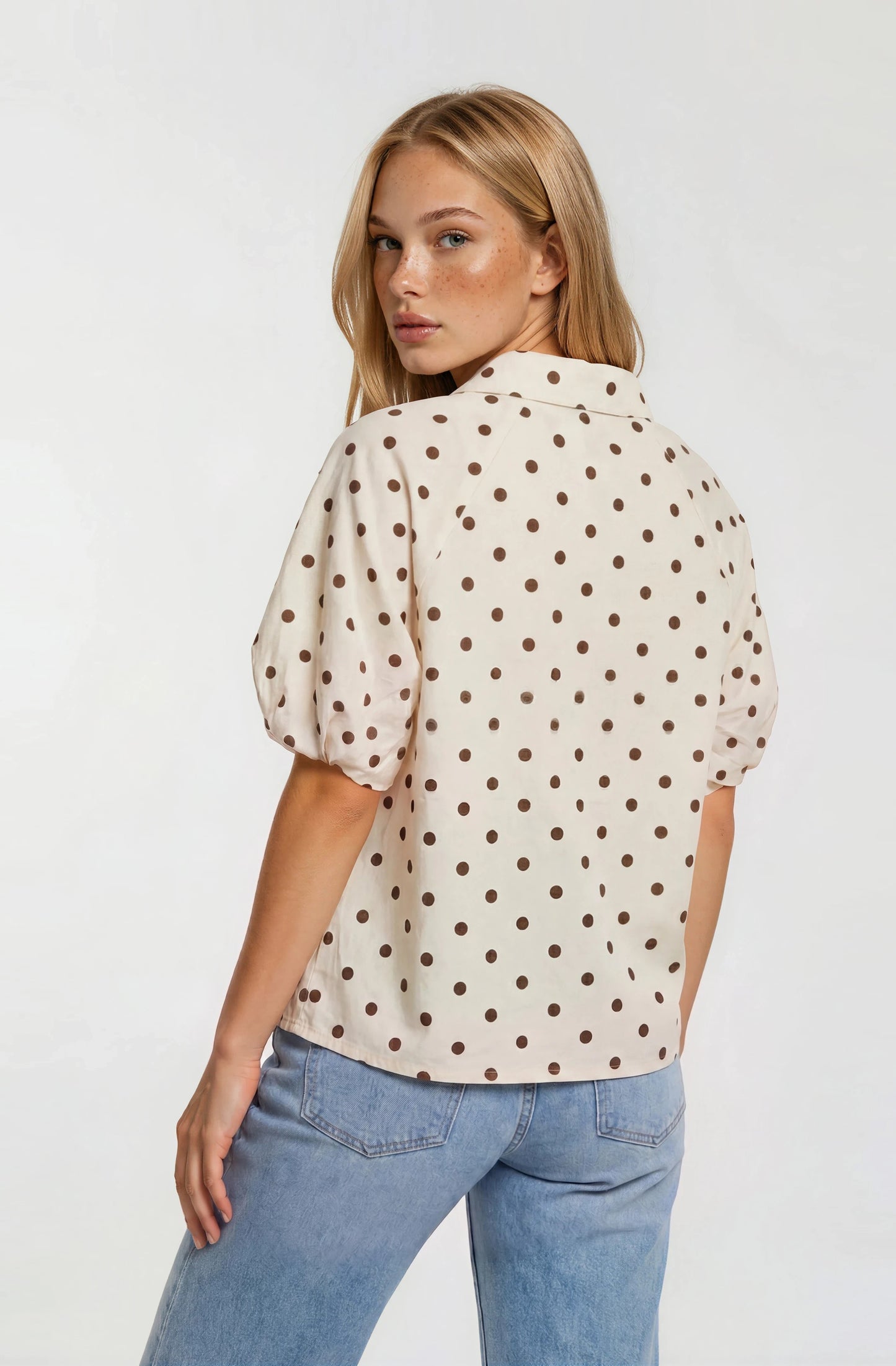 POLKA DOT PUFF SLEEVE TWILL TOP