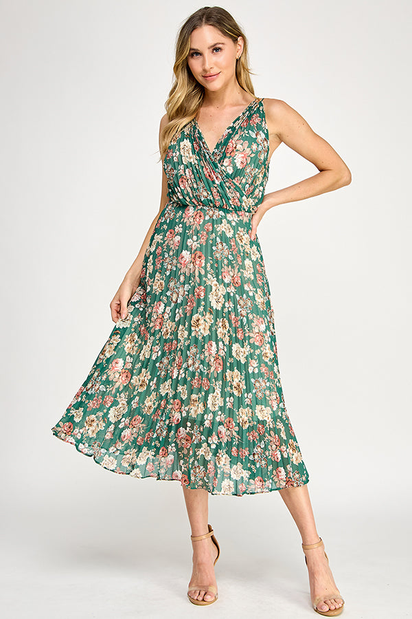 V-NECK PLEATED MIDI DRESS