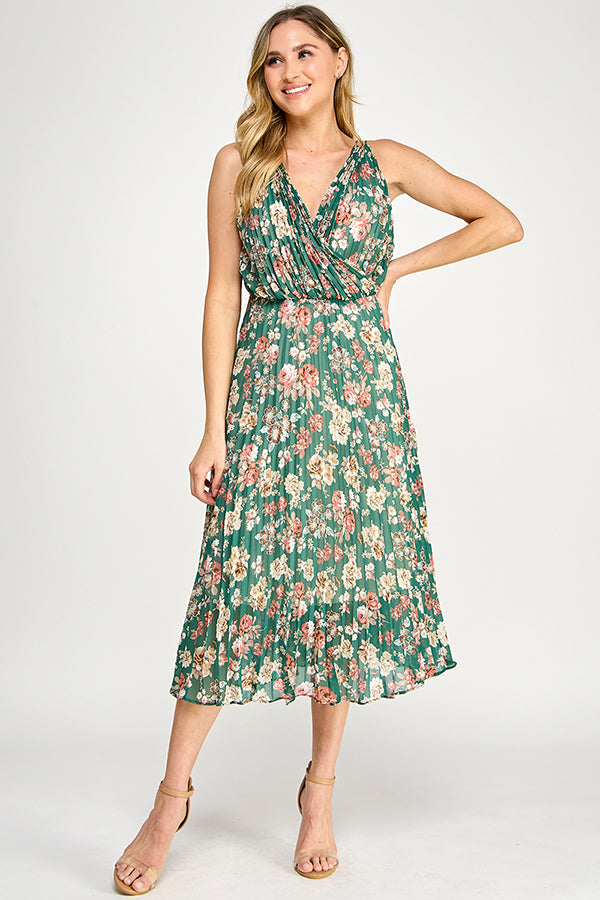 V-NECK PLEATED MIDI DRESS
