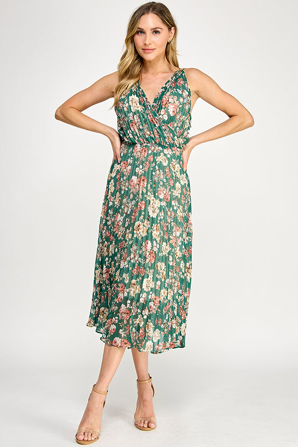 V-NECK PLEATED MIDI DRESS