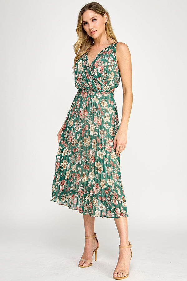 V-NECK PLEATED MIDI DRESS