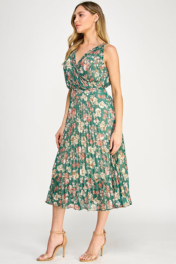 V-NECK PLEATED MIDI DRESS