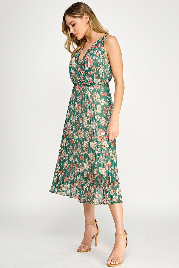 V-NECK PLEATED MIDI DRESS