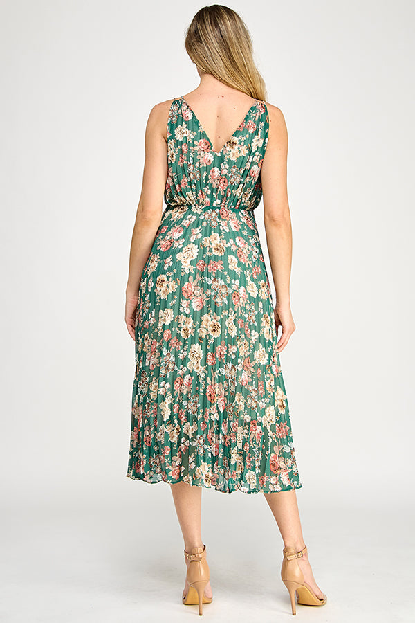 V-NECK PLEATED MIDI DRESS