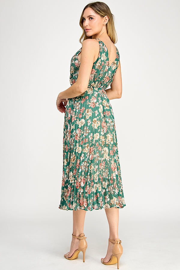 V-NECK PLEATED MIDI DRESS