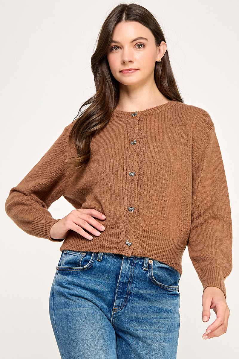 KNITTED CARDIGAN WITH BOW DETAIL BUTTONS