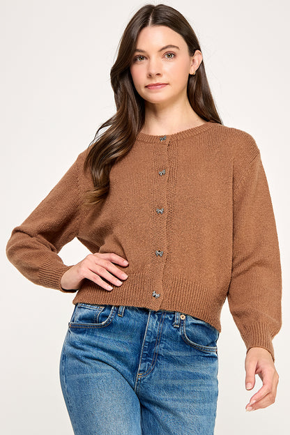 KNITTED CARDIGAN WITH BOW DETAIL BUTTONS