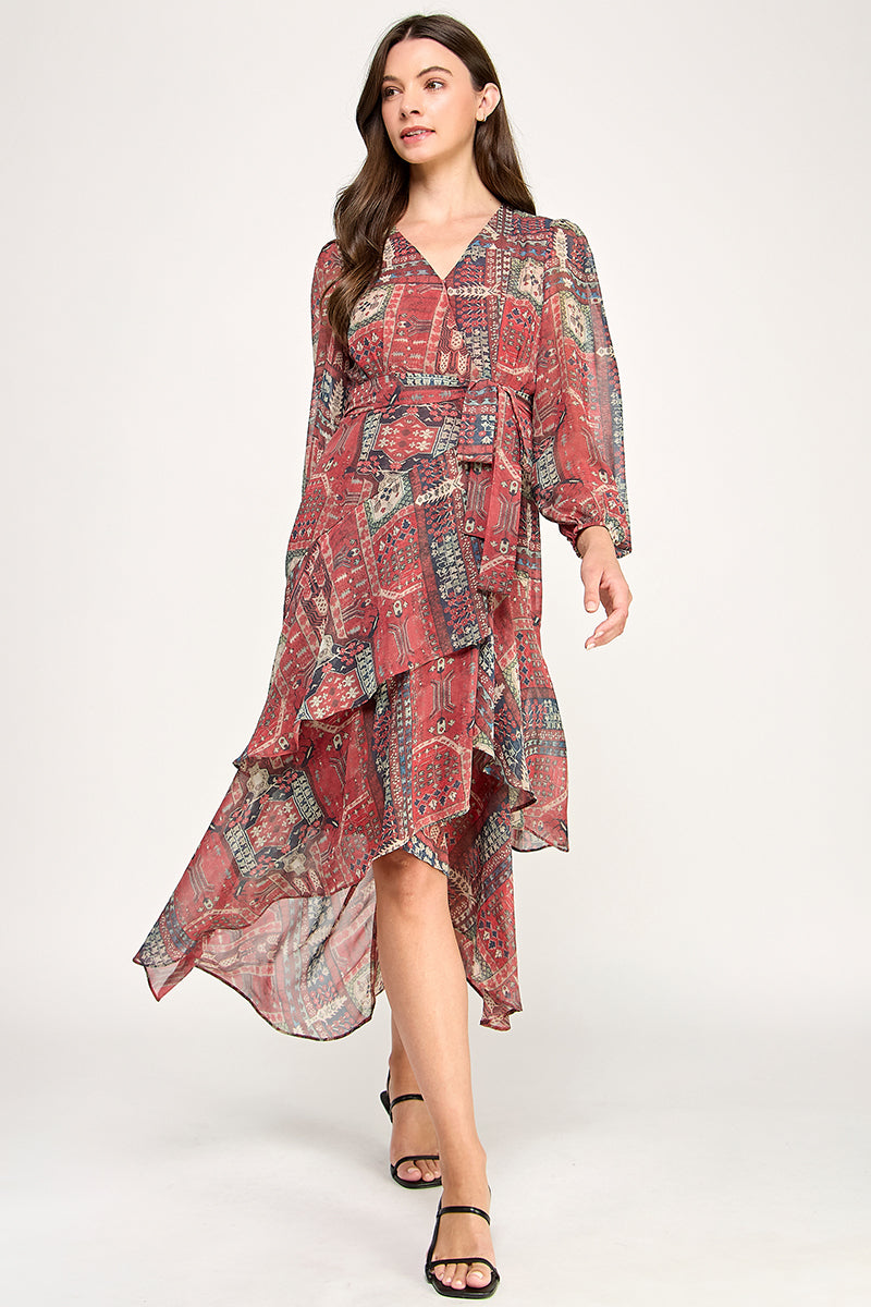 LONG SLEEVE PRINTED WRAP DRESS