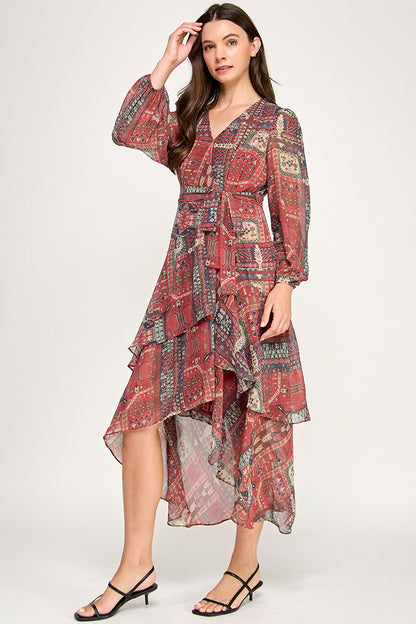LONG SLEEVE PRINTED WRAP DRESS