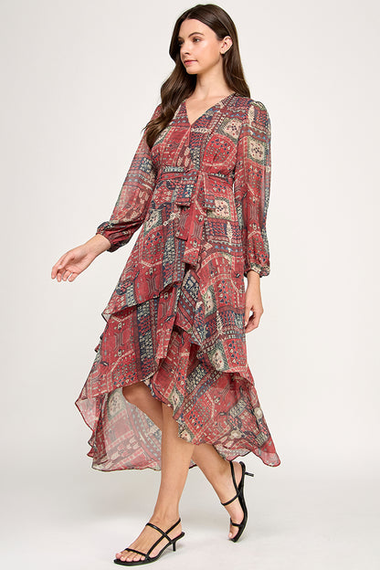 LONG SLEEVE PRINTED WRAP DRESS