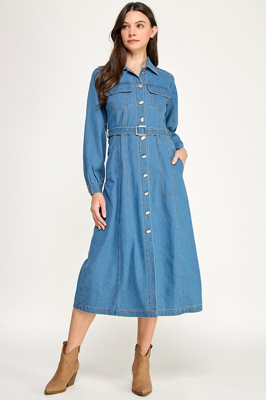 DENIM MIDI DRESS WITH BELT