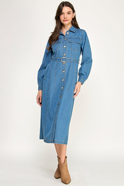 DENIM MIDI DRESS WITH BELT