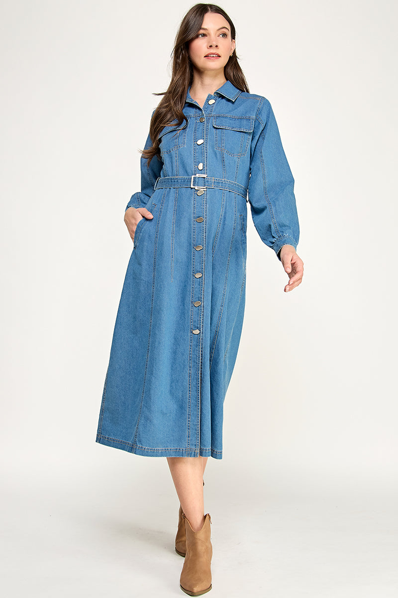 DENIM MIDI DRESS WITH BELT
