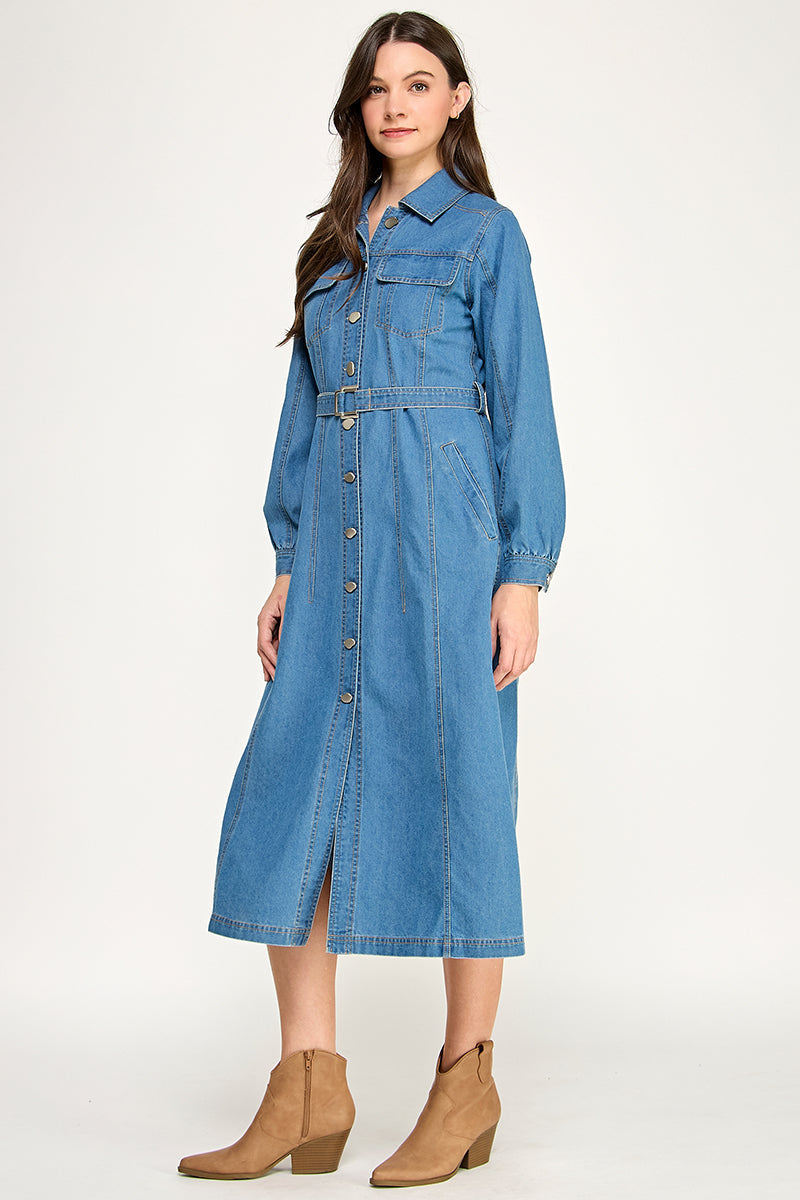 DENIM MIDI DRESS WITH BELT