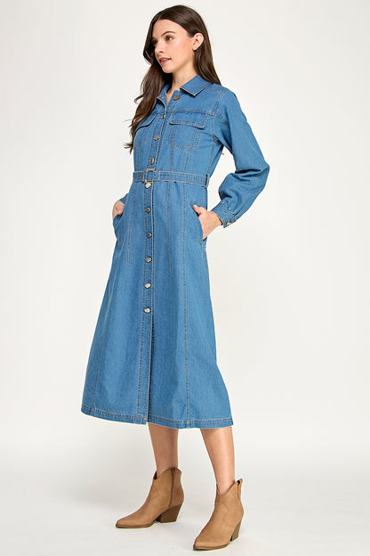 DENIM MIDI DRESS WITH BELT