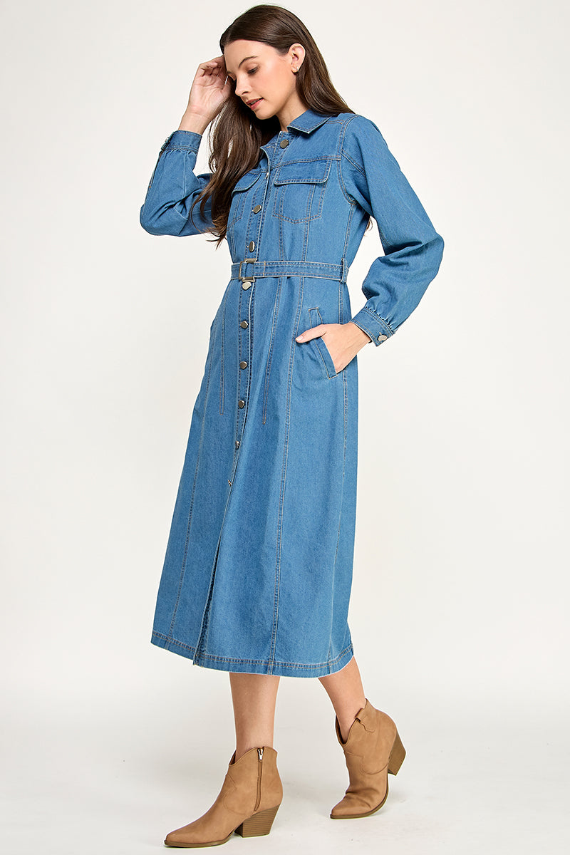 DENIM MIDI DRESS WITH BELT