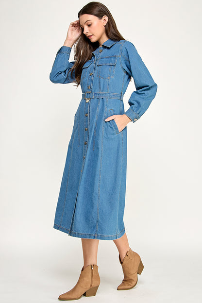 DENIM MIDI DRESS WITH BELT