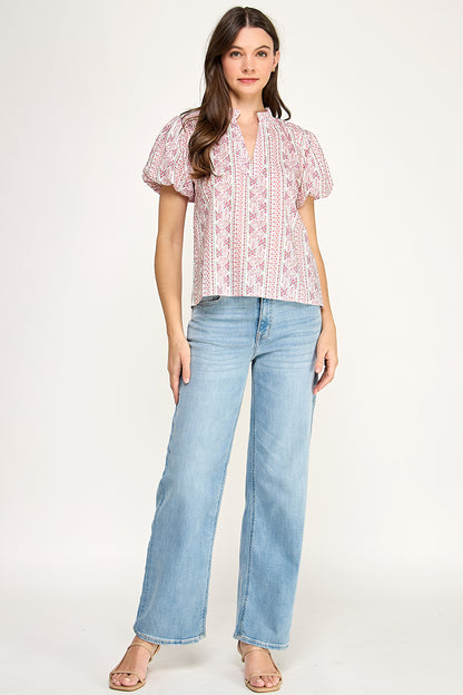 SPLIT NECK PUFF SLEEVE BLOUSE