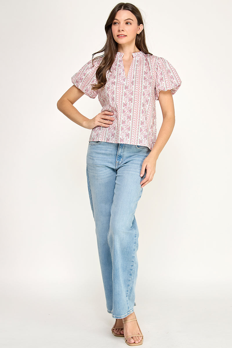 SPLIT NECK PUFF SLEEVE BLOUSE