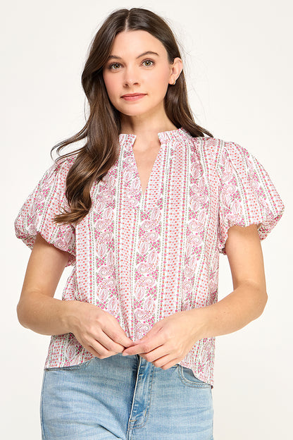 SPLIT NECK PUFF SLEEVE BLOUSE