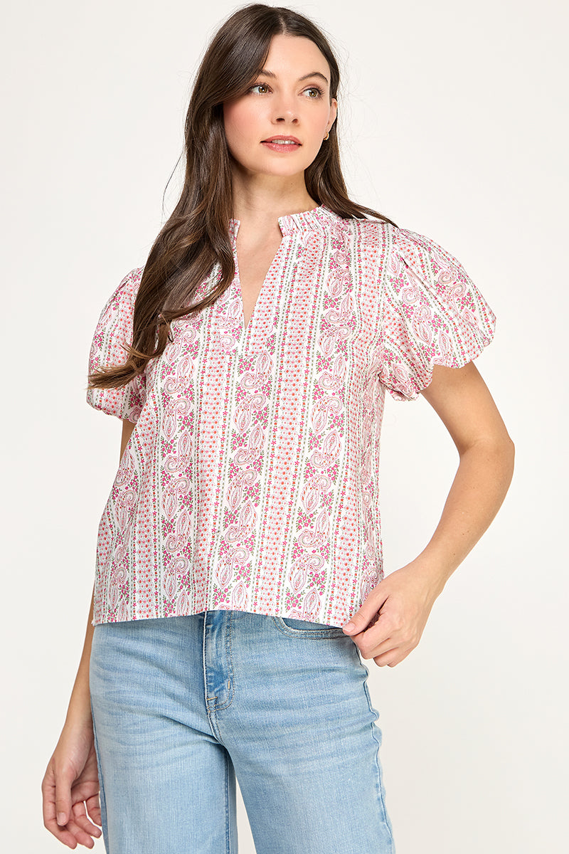 SPLIT NECK PUFF SLEEVE BLOUSE