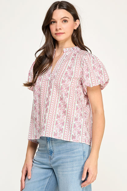 SPLIT NECK PUFF SLEEVE BLOUSE