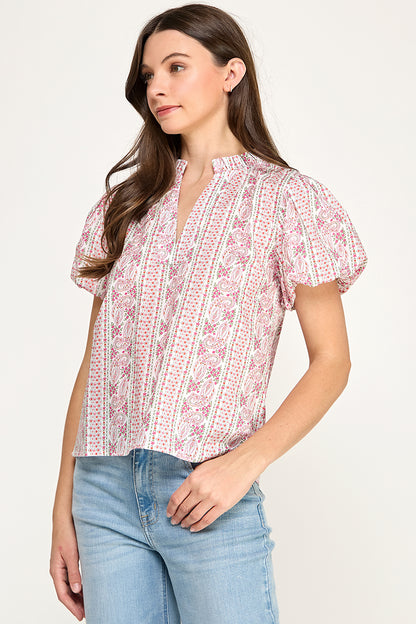 SPLIT NECK PUFF SLEEVE BLOUSE