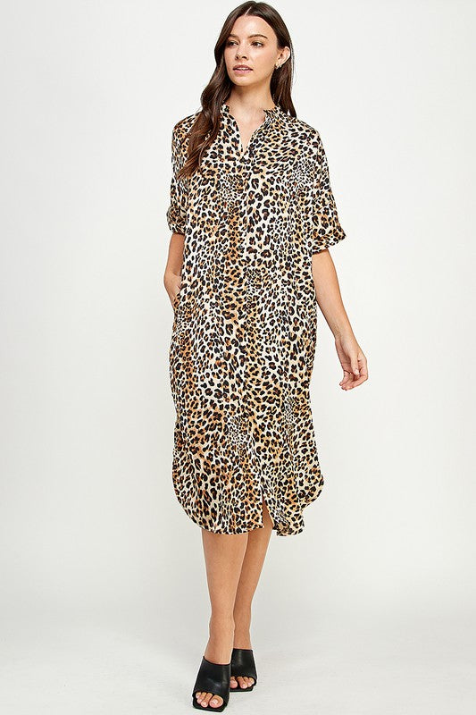 LEOPARD PRINT MIDI SHIRT DRESS