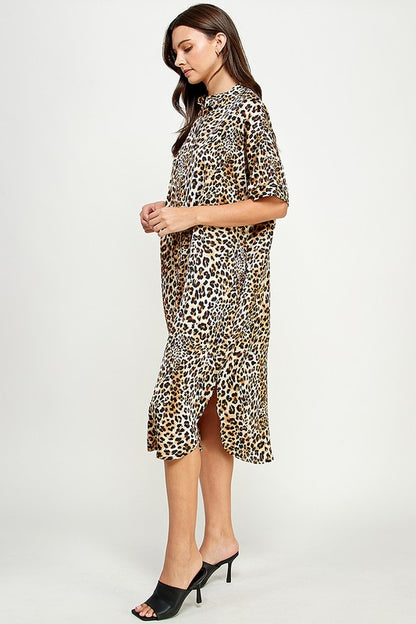 LEOPARD PRINT MIDI SHIRT DRESS