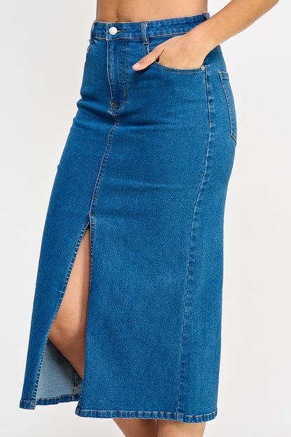 FRONT SLIT DENIM MIDI SKIRT