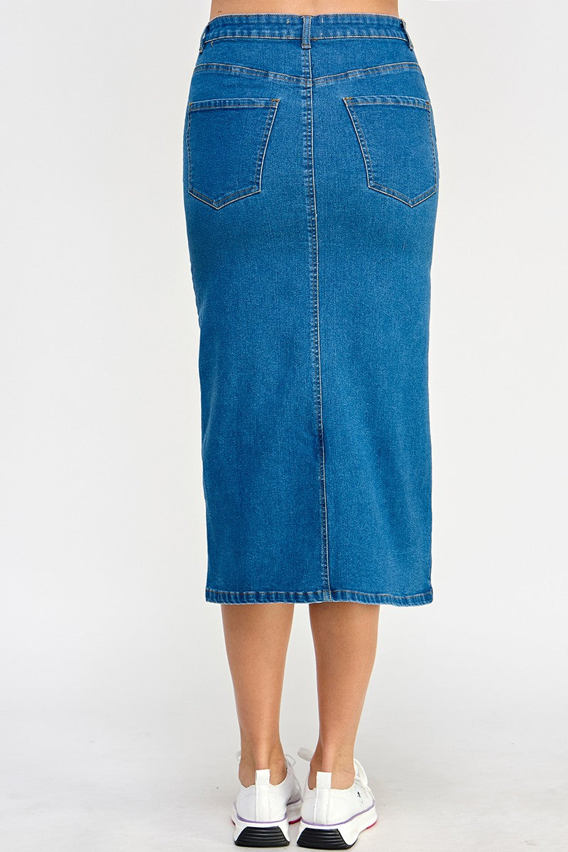 FRONT SLIT DENIM MIDI SKIRT