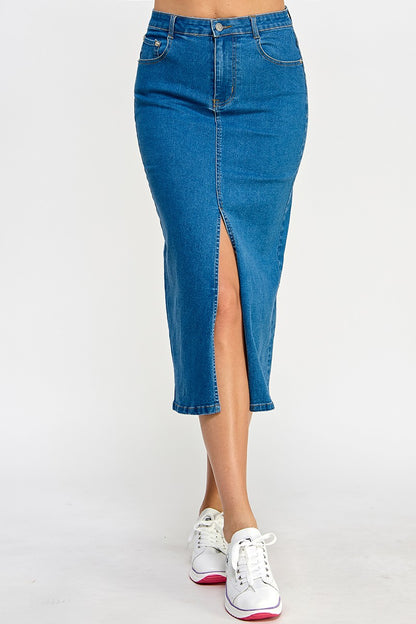 FRONT SLIT DENIM MIDI SKIRT