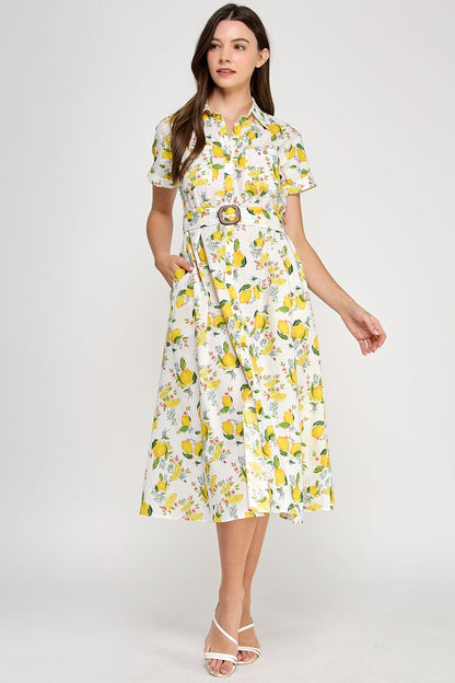 LEMON PRINT MIDI DRESS W/BELT