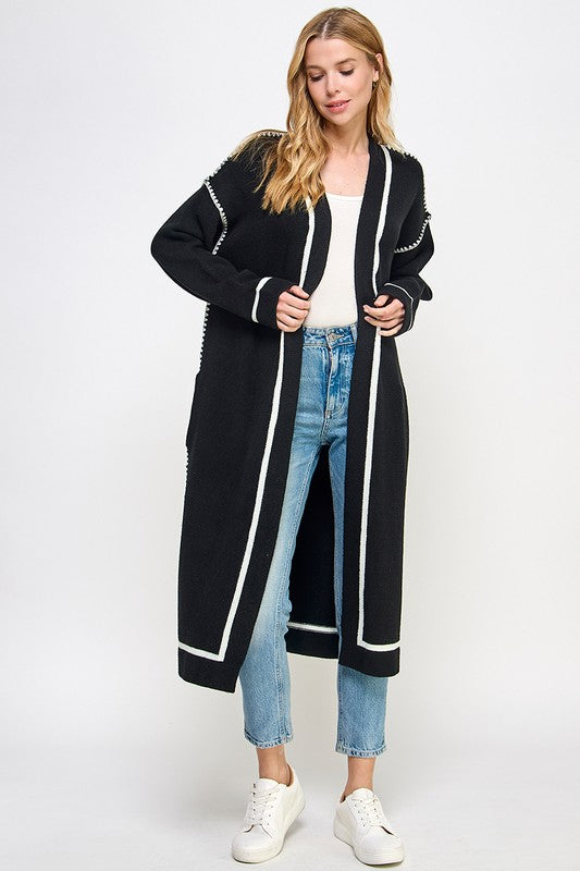 CONTRAST STITCH LONG CARDIGAN