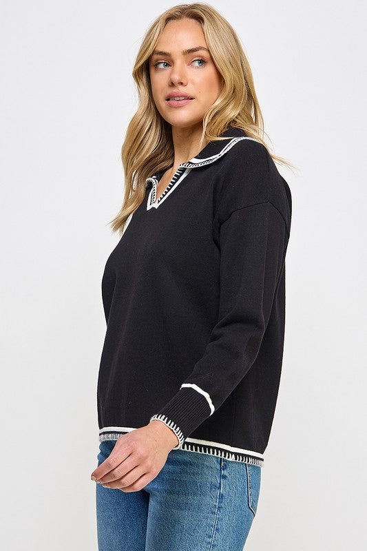 EMBROIDERY CONTRAST COLLARED SWEATER