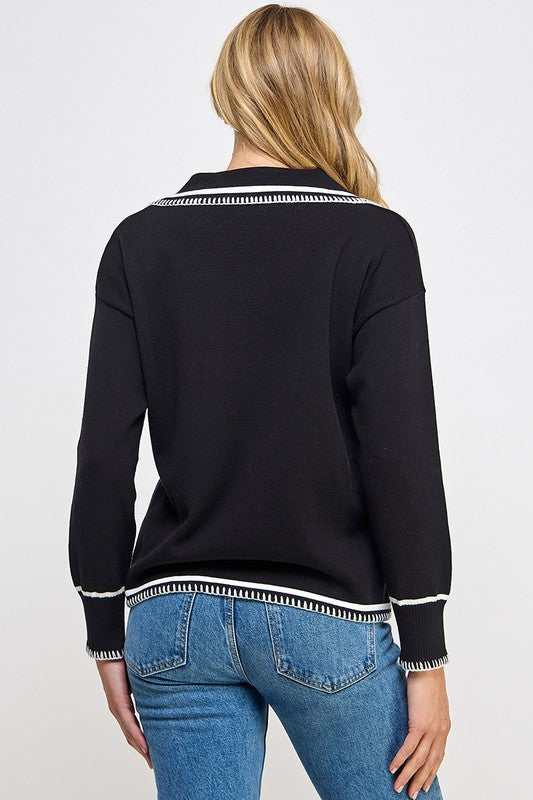 EMBROIDERY CONTRAST COLLARED SWEATER