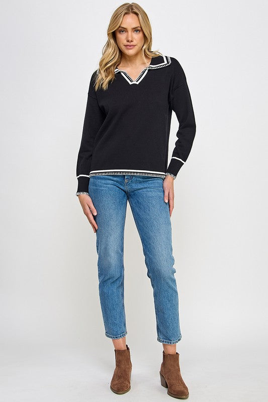 EMBROIDERY CONTRAST COLLARED SWEATER