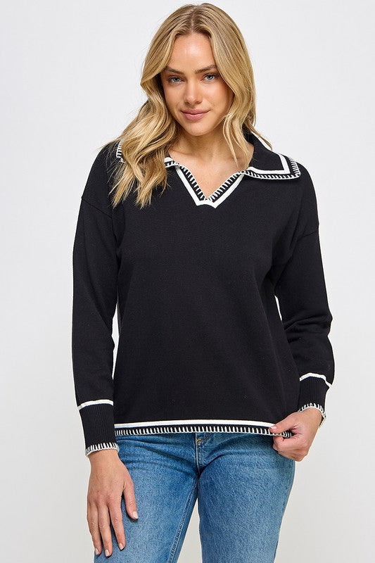 EMBROIDERY CONTRAST COLLARED SWEATER